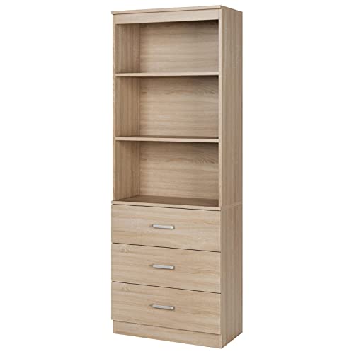 FOTOSOK 71-Inch Oak Storage Cabinet with 3 Drawers and Open Shelves for Home and Office FOTOSOK