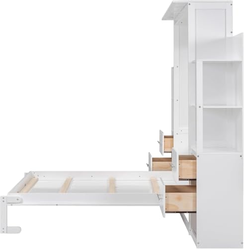 MERITLINE Full Murphy Bed with Storage Drawers,LED Lights and Storage Bookcase Shelves,Wood Murphy Wall Bed Cabinet for Adults MERITLINE
