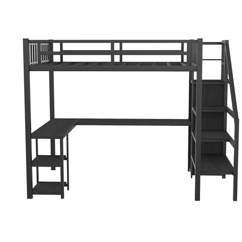 Full Size Loft Bed with Desk and Stairs Metal Full Loft Bed with Storage Wardrobe and Charging Station Adult Loft Bed with LED Lights and Adjustable Shelf for Kids Teens, Black Mirightone