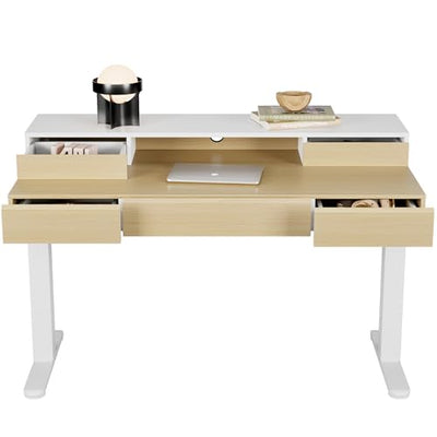 HUANUO Standing Desk with Drawers, 48 Inches Electric Height Adjustable Desk with Storage, Whole-Piece Board Sit Stand Up Desk with Monitor Shelf, Light Walnut