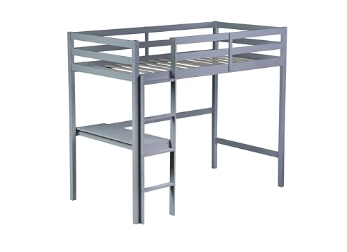 KEIKI Twin High Loft Bed, Rubber Wood Loft Bed with Safety Guardrail, Built-in Desk, Ladder,Grey KEIKI