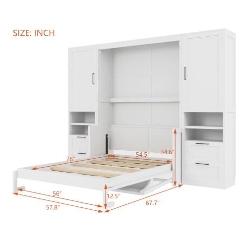 Full Size Murphy Bed with Closet, Wall Bed with Drawers and Shelves, Folding Cabinet Bed with Desk for Home Office, Studio, White Bellemave