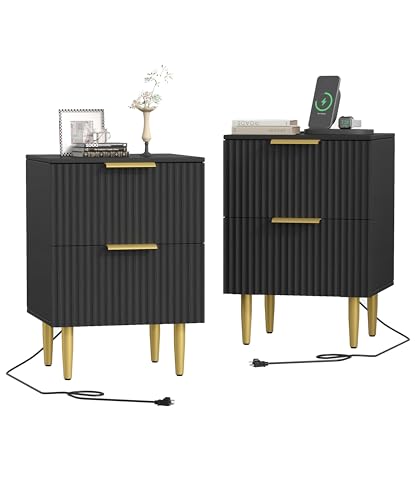 Akxomel Black Nightstand Set of 2, Fluted Night Stand with Charging Station, 13.8" D x 15" W x 23.2" H, 2 Drawers Modern Bedside Table with USB Ports and Outlets, Golden Side Table for Bedroom Akxomel