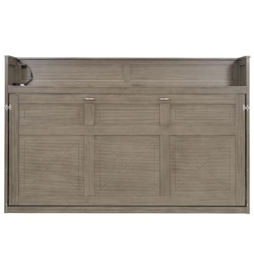 GDFStudio Twin XL Murphy Bed Frame with Desk, LED Lights & USB Charging Station, Space-Saving Wall Bed with Built-in Mattress Storage, 500 lbs Capacity, Solid Pine Wood Frame, Gray Wash GDFStudio