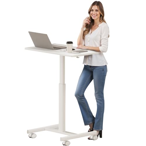 CROWNFURN Mobile Small Standing Rolling Desk Adjustable Height, Portable Laptop Desk on Wheels, Workstation for Home Office with Hook,White CROWNFURN
