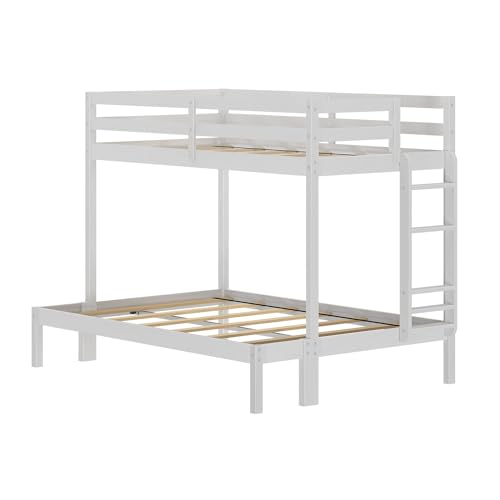 Grain & Grove Bear Twin Over Full Bunk Bed, Sturdy Bunk Bed Frame for Kids, Plywood Bunk with Ladder, Guardrail, and Slats, No Box Spring Required, Brushed White Grain & Grove