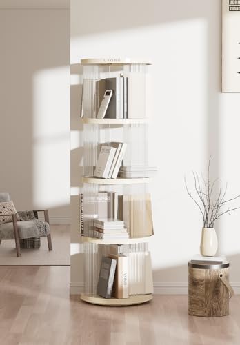 360 Acrylic Rotating Bookshelf for Adults and Kids.4 Tier Clear Tall nightstand,with Multi Layer.Swivel Bookcase for Display.Spinning and Turning revolving Bookshelf Tower. WoodArtSupply