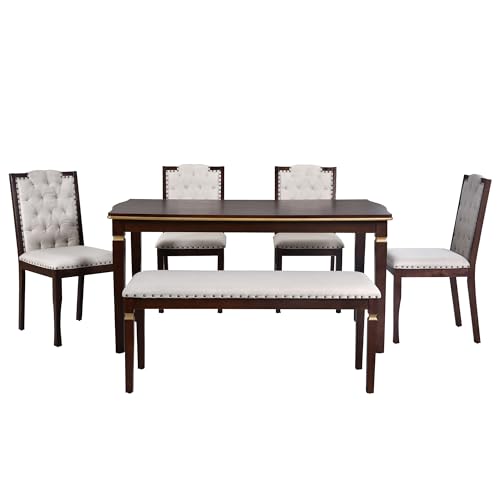 Merax 6-Piece Kitchen Dining Table Set, 60" Rectangular Table with 4 High-Back Tufted Upholstered Chairs & 1 Bench, Rubberwood Legs Modern Elegant Farmhouse for Kitchen Room, Espresso Merax