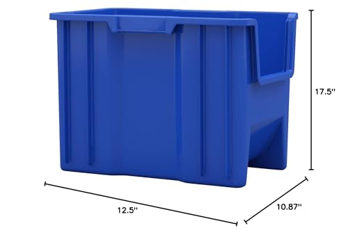 Akro-Mils 13014 Stak-N-Store Heavy Duty Stackable Open Front Plastic Storage Container Bin, (17-1/2-Inch x 11-Inch x 12-1/2-Inch), Blue, (4-Pack) Akro-Mils