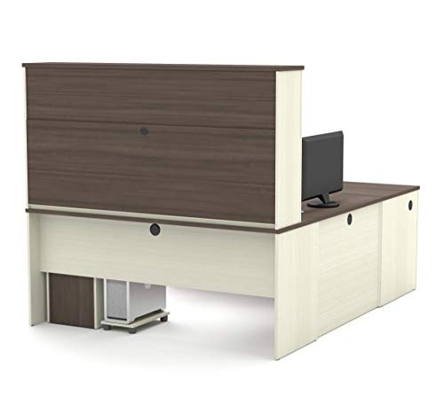 Bestar Prestige + 72W U-Shaped Executive Desk with 2 Pedestals and Hutch in White Chocolate & Antigua Bestar