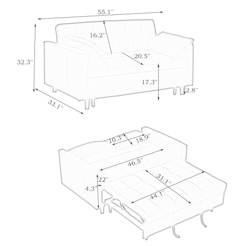 55'' Futon Sofa Bed w/ Reclining Backrest 3 in 1 Convertible Sleeper Sofa with Pull Out Couch Bed Corduroy Love Seat Futon Couch with Storage Pockets&Pillows Modern Lounge Sofa for Living Room, Beige BAOMKONG