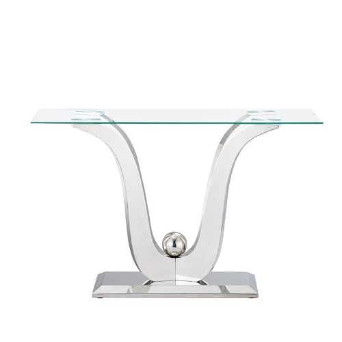 Henf Luxury Glass Console Table Modern 47" Slim Entryway Table with Silver Floral-Shape Stainless Steel Base and Clear Glass Top, Silver Sofa Tables for Living Room Hallway Corridor Office Henf