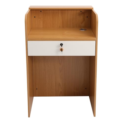 Small Reception Desk with Lockable Drawer, 37.8 x 23.6 x 15.7 Inch Modern Front Desk Counter with Grille Design, White Wooden Retail Checkout Table for Salon Clothing Store Office Hotel (Oak Color)