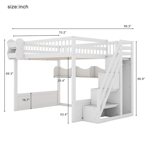 Merax Queen Size Wood Loft Bed with Wardrobe and Staircas, Storage Shelves, Floor Multifunction Bunk Bed with Full Length Gardrails, Space Saving,White Merax