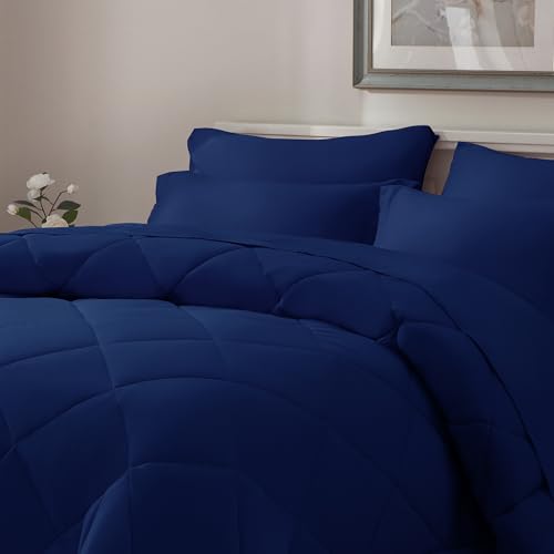 ELNIDO QUEEN® Queen Comforter Set Navy - 7 Pieces Bed in a Bag Queen Size, Bed Set All Seasons, Ultra Soft Dark Blue Bedding Sets with Comforter, Flat Sheet, Fitted Sheet, Pillowcases and Pillow Shams ELNIDO QUEEN
