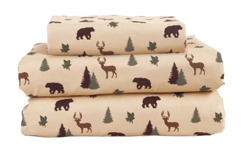 Beatrice Home Fashions Cozy Cabin 3-Piece Twin Microfiber Bedding Sheet Set with Deep Pockets Rustic Patchwork Plaid Deer, Brown Tan Green Beatrice Home Fashions