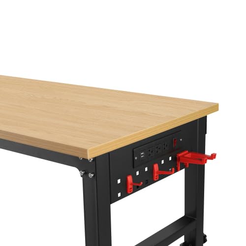 72" × 24'' Height Adjustable Workbench - Rolling Heavy-Duty Worktable with Power Outlet and Wheels, Large Load Capacity Rubber Wood Top Workbench for Garage Office Workshop Home (72" × 24'') Arbacipher