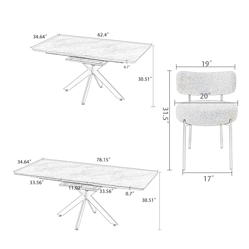 Modern Dining Table Set for 10,Expandable Dining Room Table Set,6-10 People Kitchen Table and Chairs Set with 63-78 in Marble Dinner Table Round Upholstered Boucle Chairs Ideal for Dining Room,Kitchen Hilknen