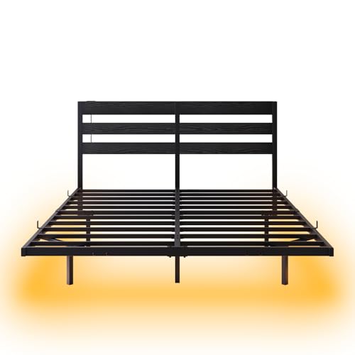 VERFARM Floating Bed Frame Full Size with USB Charging Station, LED Bed Frame with Storage Headboard, Black Metal Platform Bed Double Size, No Box Spring Needed, Noise Free, Easy to Assemble VERFARM