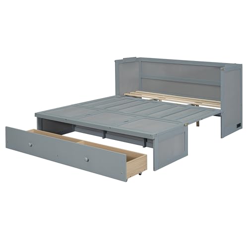 Harper & Bright Designs Queen Murphy Bed with USB Charging Station and Large Drawer, Wooden Queen Size Bed Wall Bed with Storage, Cube Cabinet Bed for Home Office Guest Room Bedroom,Gray Harper & Bright Designs