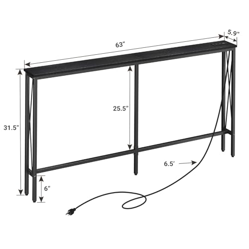 ELYKEN 5.9" Narrow Console Sofa Table with Power Outlets, 5.9" Dx63 Wx31.5 H Long Skinny Behind Couch Table with “X” Cross Metal Frame and Charge Station with 6.5’ Extension Cord, Black ELYKEN