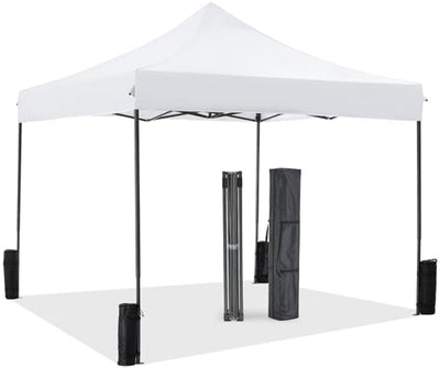 Sweetcrispy 10 x 10 Ft Pop Up Canopy Tent Outdoor Use, Portable Shade Waterproof Beach Tent with Sand Bags for Events Backyard Parties, White