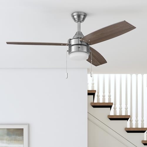 Honeywell Ceiling Fans Berryhill, 48 Inch Ceiling Fan with Color Changing LED Light, Pull Chain, Dual Mounting Options, 3 Dual Finish Blades, Reversible Airflow - 51857-01 (Brushed Nickel) Honeywell Ceiling Fans