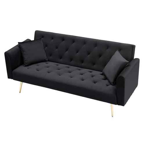 71" Modern Velvet Sofa Bed Futon, Convertible Sleeper Couch with Adjustable Backrest, Tufted Recliner Loveseat with Golden Chrome Legs & 2 Pillows for Small Spaces, Living Room, Apartment (Black) Generic