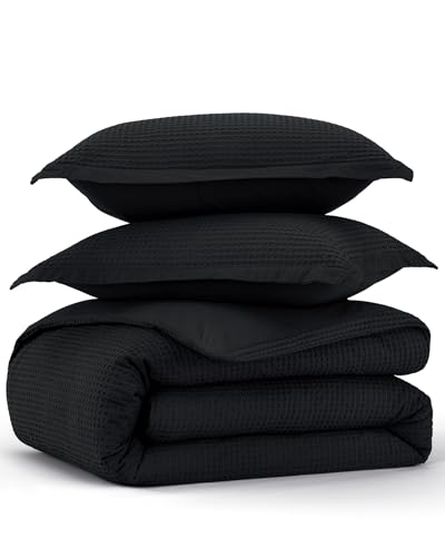 Bedsure Cotton Duvet Cover Set - 100% Cotton Waffle Weave Black Duvet Cover Oversized King Size, GentleSoft™ and Breathable Bedding Set for All Season, 3 Pieces, 120"x98" Bedsure