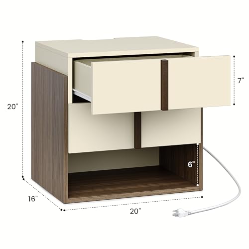 Mid-Century Modern Nightstands Set of 2 with Charging Station, MCM Walnut Bedside Tables with Drawer & Storage Shelf, Wood End Tables for Bedroom & Living Room FurniXpress