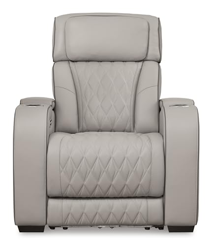 Signature Design by Ashley Boyington Contemporary Leather Match Power Recliner with Adjustable Headrest, Cup Holders, USB Port and Air Massage System, Light Gray Signature Design by Ashley