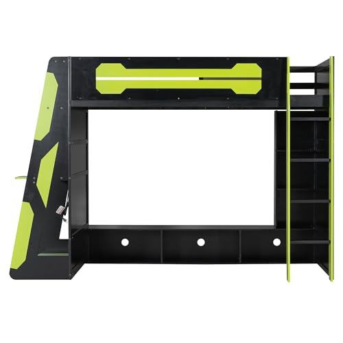Merax Twin Size Gaming Loft Bed with Desk and Multi-Storage Shelves, Wooden Loft Bed Frmae with Light, Space-Saving Bed with Safety Guardrail Merax