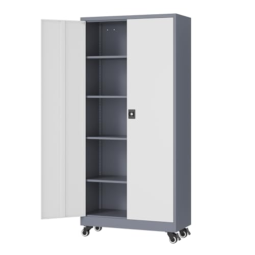 Fesbos Metal Rolling Storage Cabinet-74.6” Tall Steel File Cabinets with Wheels Lockable Doors and Adjustable Shelves-Gray & White Steel Storage Cabinet for Home, School, Office, Garage Fesbos