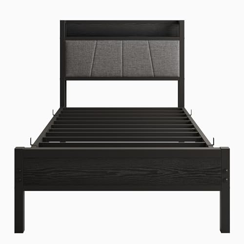 BOFENG Twin Bed Frame with Storage Headboard/USB Charging Station,Heavy Duty Metal Upholstered Single Platform Bed Frame Twin Size No Box Spring Needed,Heavy Duty Metal Slats,Noise Free,Black BOFENG