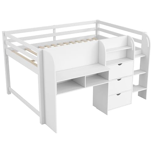 LUMISOL Full Size Low Loft Bed with Built-in Desk and Open Bookcase, Multiple Functions Wooden Loft Bed Frame with Storage for Teens Boys Girls, White LUMISOL
