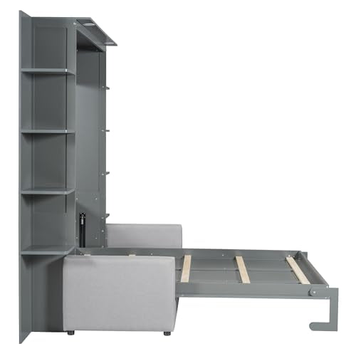 Merax Murphy Bed, Queen Size Wooden Wall Bed with Sofa for Bedroom, Wood Slat Support, No Box Spring Needed, Easy Assembly, Grey Merax