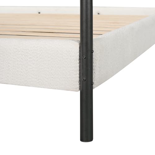 Christopher Knight Home King Size Upholstered Canopy Bed Frame with Boucle Fabric, Curved Headboard and Iron Legs, Modern Platform Bed Frame with Slats No Box Spring Needed, White