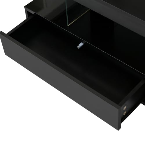 LUMISOL High Gloss Coffee Table with 16 Colors LED Lights, UV Cocktail Table with 2 Drawers and Display Shelf, Modern Center Table for Living Room, Black LUMISOL