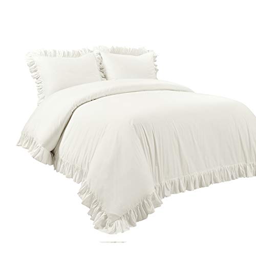 Lush Decor Reyna Ruffle Cotton Duvet Cover Set 3 Piece Set Full/ Queen, White - Queen Size Bedding Set - White Duvet Queen- Ruffled Bedding - Coquette Decor Lush Decor