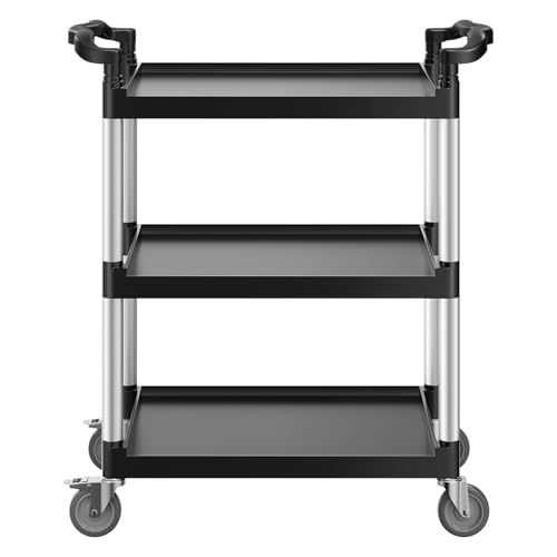 VEVOR Utility Cart, 300 lbs Load Capacity, 3-Tier Utility Plastic Cart with 360° Swivel Wheels (2 with Brakes), 24.4 x 16.1-inch Food Service Cart for Warehouse, Office, Home, Restaurant, Kitchen