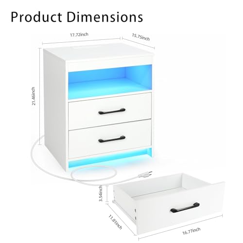 ansefe Night Stand with Charging Station and Ambient Light, LED Nightstand with USB-C Ports and Outlets, Morden Bedside Table with 2 Drawers and Open Compartment, End Table for Bedroom, White ansefe