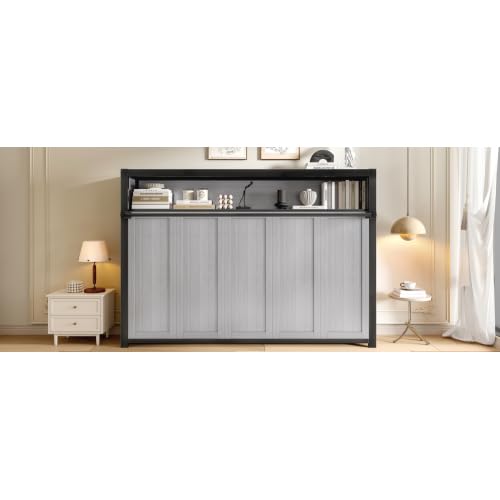 Metal Twin Size Murphy Bed with Shelves, Metal Foldable Wall Bed Chest Bed, Gray Bellemave