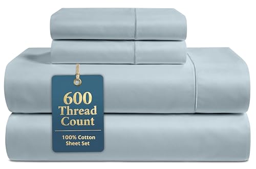 LANE LINEN 100% Cotton Bed Sheets – 600 Thread Count Cooling Sheets Queen, Durable Daily Use Bedding, Value Comfort for Night Rest, Hotel Sateen Finish, Snug Fit 15" Deep Pocket – Blue LANE LINEN