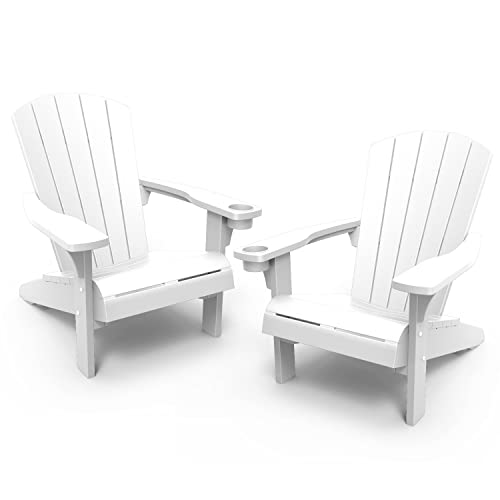 Keter Alpine Adirondack 2 Pack Resin Outdoor Furniture Patio Chairs with Cup Holder-Perfect for Beach, Pool, and Fire Pit Seating, White Keter