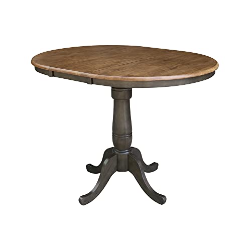 IC International Concepts 36" Round Top Pedestal 12" Leaf-35.3" H-Counter Height Dining Table, Hickory/Washed Coal IC International Concepts