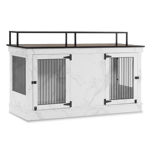 MCombo Large Dog Crate Furniture TV Stand, Wooden Dog Kennel with Double Doors, Indoor Furniture Style Dog Crate House End Table, 1861 (White) MCombo