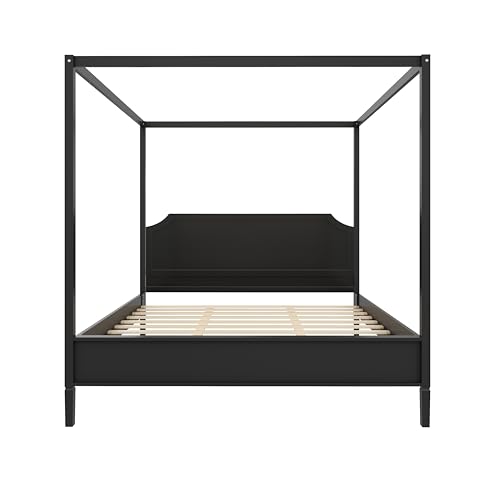 Queen Size Solid Wood Canopy Bed with Headboard and 10''H Under-Bed Storage,Mid-Century Modern Four Posters Platform Bed with Wood Slat Support for Bedroom,No Box Spring Needed,Easy Assembly,Black