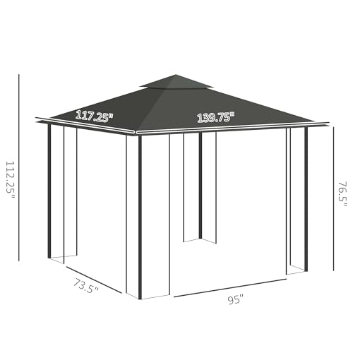 Outsunny 10' x 11.5' Metal Patio Gazebo, Double Roof Outdoor Gazebo Canopy Shelter with Tree Motifs Corner Frame and Netting, for Garden, Lawn, Backyard, and Deck, Gray Outsunny