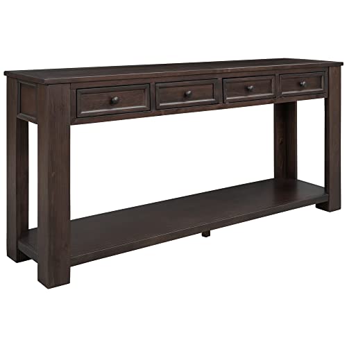 Merax Long Console Table with 4 Storage Drawers, Farmhouse Entryway Table with Open Shelf, 63 Inch Sofa Table Behind Couch, for Hallway Living Room Foyer, Espresso Merax