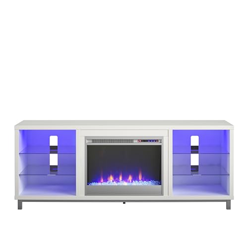 Ameriwood Home Lumina Fireplace TV Stand for TVs up to 70 Inch, Replaceable Electric Fireplace Insert Heater, Remote Control, Timer, Color Changing LED Lights, Crystal Ember Flames, White Ameriwood Home